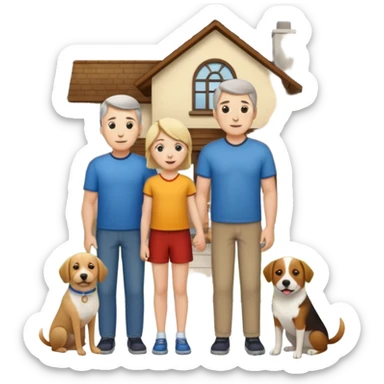 1 Father 1 Mother and 1 young boy who is half as tall as the parents, standing in front of their house with a dog next to them. Everyone should look VERY happy sticker