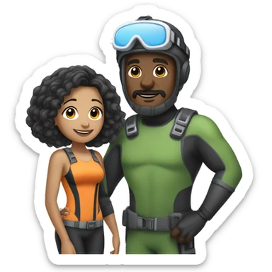 40 year old woman with light brown skin and short curly black hair, holding the hand of a 50 year old white man with short gray hair, both people dressed in snorkel gear sticker
