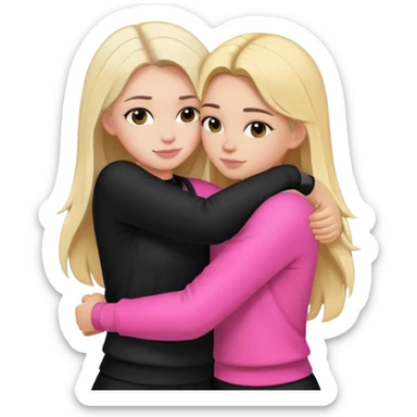 create an emotional smiley in the form of 2 girls hugging each other, 1 is dressed in black clothes with dark hair, the second girl is blonde in pink clothes. sticker