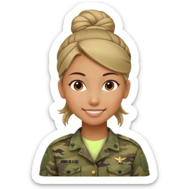 Apple-style emoji: female soldier, bust, no cap/helmet, friendly smile, generic camo top, hair in bun, soft gradients sticker