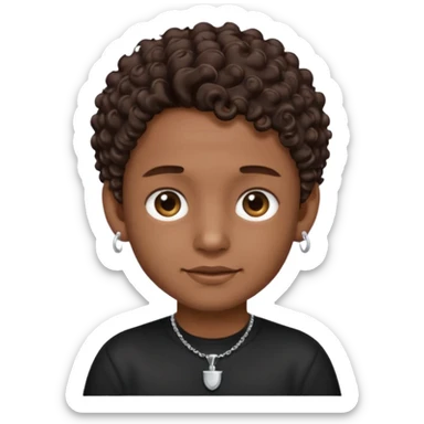 a boy emoji with a milk chocolate skin color, short dark brown curly hair with 2 silver stud earrings on both ears and 2 slits on each eyebrow and is wearing a black shirt with a silver necklace  sticker