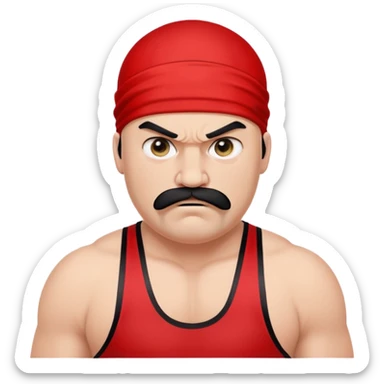 White skin fat guy with prominent black durag, short black beard and mustache, black eyes in a red and black wrestling singlet with angry face sticker