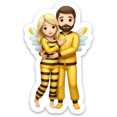  Man long dark brown hair, white skin, medium beard, full body in cute bee pijama hugging a woman with blonde hair in a flower suit  sticker