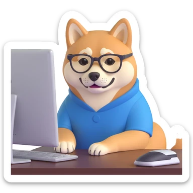 shiba inu with eye glasses and computer sticker