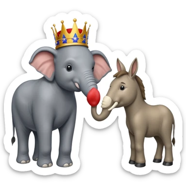 Democratic Party elephant facing Republican Party donkey with King Trump inbetween sticker