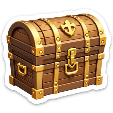 Clash of Clans aesthetic: Cinematic Playful Pixel 3D Treasure Chest Portrait Emoji, rendered in a 3D vector-style similar to standard emojis with minimal shading and bold, simplified shapes. A compact, distinct form with signature details, softly glowing with a pixelated adventure charm. Simplified yet unmistakably iconic, highly detailed and consistent, glowing with a soft radiance and high shine. Stylized with a touch of classic pixel-art charm and a soft glowing outline, capturing the essence of a beloved gaming relic with a friendly, playful manner! sticker