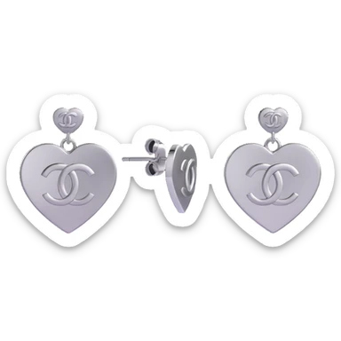 3D emoji-style black and white heart-shaped earrings with a silver Chanel logo in the center, elegant sticker
