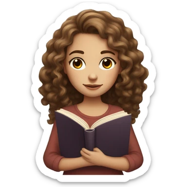 girl with long curly brown hair, she has light, white skin, two moles on her right cheek, brown eyes, holds a book in her hands and reads sticker