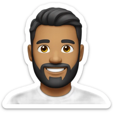 tanned skin male, black hair with a skin fade haircut, good beard, white teeth, black t shirt approximately 32 years old, good beard, chest up, confident sticker