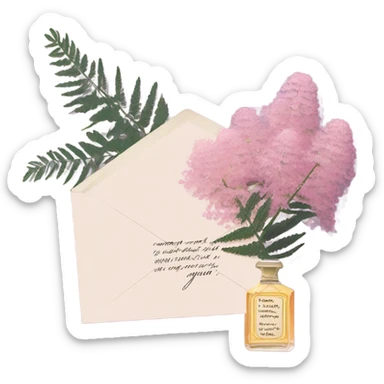 Aesthetic still life of soft pink mimosa flowers, a vintage-style purple perfume bottle, and a love note delicately placed in an envelope.
 sticker