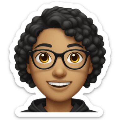 smiling teenage indian girl with glasses with black curly hair wearing a black hoodie with no zipper sticker