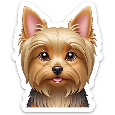 Cinematic Cute Yorkshire Terrier Portrait Emoji, Head perked with bright, twinkling eyes and a perky expression, showcasing a soft, silky fur in rich hues, simplified yet adorably detailed, glowing with a cheerful, inviting glow, high shine, exuding playful intelligence and spunky charm, styled with a gentle, whimsical outline, capturing the essence of a cute Yorkshire Terrier that appears ready to frolic off the screen with irresistible energy! sticker