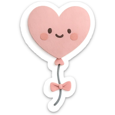 soft pastel pink heart balloon floating with tiny kawaii face, no arms, no legs, full body, soft pastel kawaii paper craft style sticker
