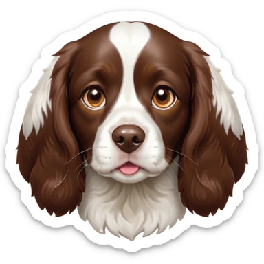 Cinematic Cute Springer Spaniel Portrait Emoji, Head tilted playfully and inquisitively, featuring a vibrant Fur of liver and white with a natural sheen, round, sparkling brown eyes filled with curiosity, Simplified yet irresistibly adorable features, highly detailed, glowing with a warm, friendly glow, high shine, affectionate and lively, stylized with a touch of whimsy, bright and endearing, soft glowing outline, capturing the essence of a mischievous yet loving pup, so playful it feels like it could frolic out of the screen and into your arms! sticker