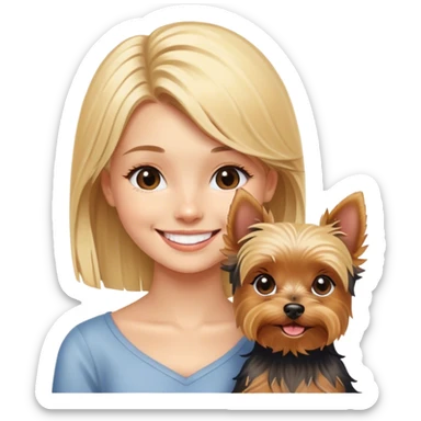 blonde girl smiling with  Yorkshire Terrier sticker