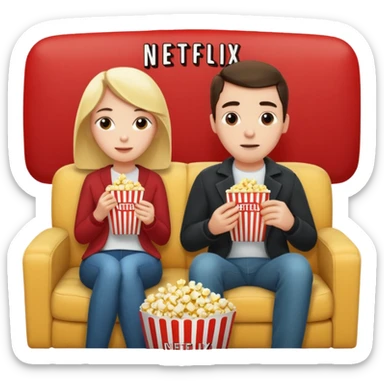 Crea un emoji dove si vedono un uomo e una donna mangiano i pop corn su un divano e guardano la televisione, nella televisione ci deve essere scritto netflix sticker