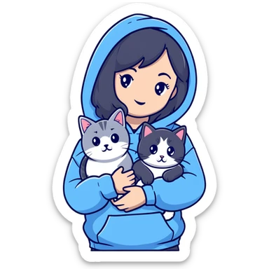 Girl with black hair in gray hoodie with a British shorthair blue and white cat and a long-haired blue and white cat sticker
