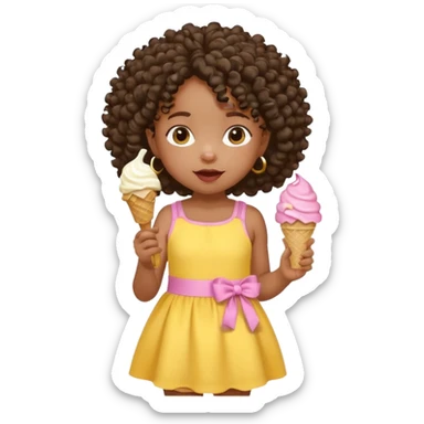 a little black girl kid with curly hair, yellow dress, eat ice cream sticker