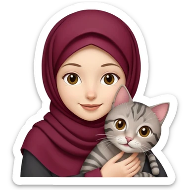 White girl wearing maroon hijab holding a black grey tabby cat while smiling sticker