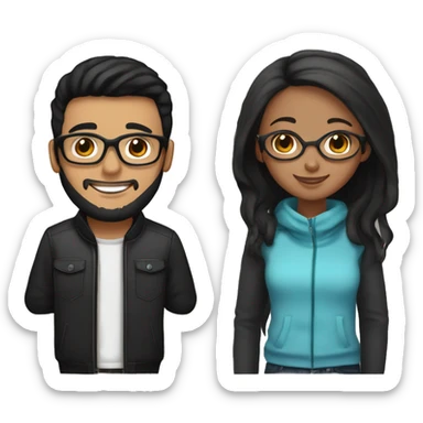 Happy couple together; girl with medium black hair, brown eyes and light brown skin; boy with glasses, short black hair, black beanie, and black beard  sticker