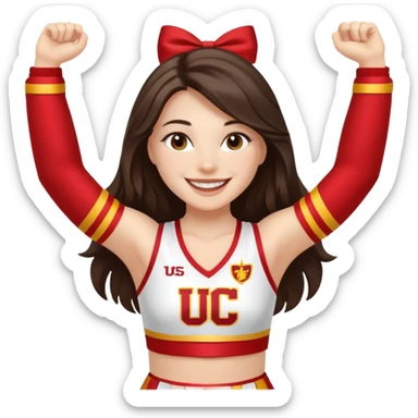white happy long haired brunette girl in a white USC cheerleader outfit sticker