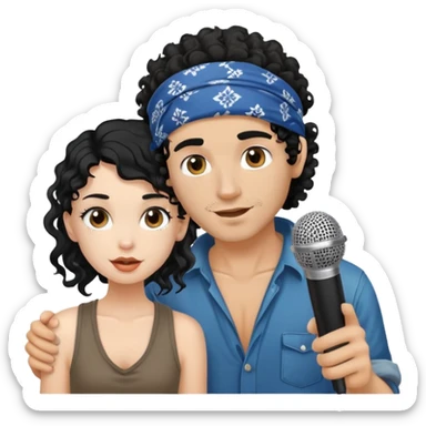 beautiful pale girl with black hair next to tanned skin homeless man with bandana and curly hair whose holding microphone sticker