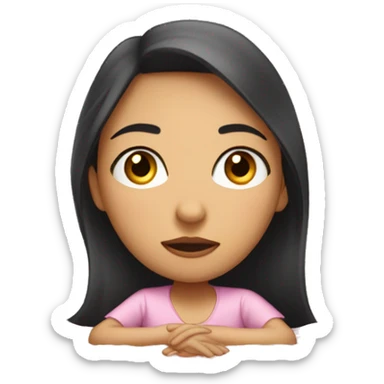 An emoji of a light-skinned girl with straight dark hair, dark eyes, wearing casual sleepwear, sitting up or getting out of a pink bed with neatly arranged sheets, looking slightly sleepy but awake. sticker
