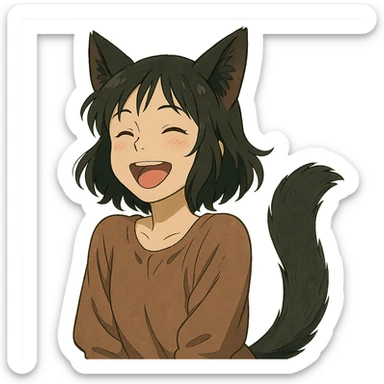 A girl with black fox ears and a tail, green eyes, dark hair, laughing sticker
