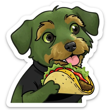 With the colors black, brown, and tan for the fur Create a yorkiepoo doodle dog with a black shirt on eating a taco sticker
