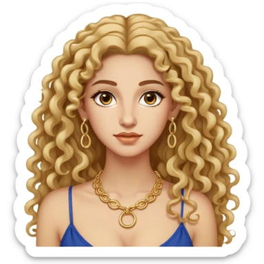 attractive Greek woman with long curly hair and light skin wearing gold hoop earrings and a small gold necklace sticker