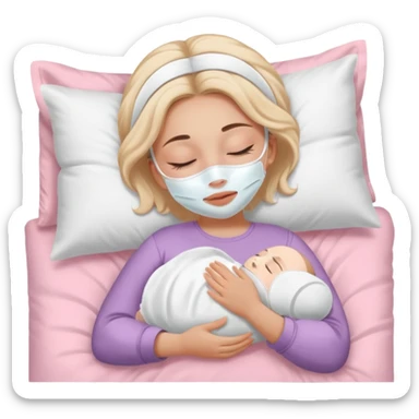 Girl sleeping peacefully with a white beauty face mask on, self care routine. baby pink bedding  sticker