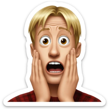kevin McCallister from Home Alone, putting both hands on his face and screaming of fear. bring the hands down lik he is putting on his cheeks. sticker