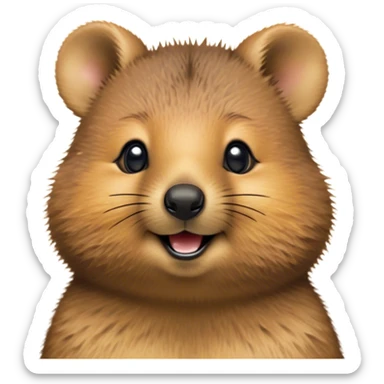 Cinematic Cute Quokka Portrait Emoji, Head tilted playfully and inquisitively, featuring a fluffy, round face with a naturally cheerful grin and bright, sparkling eyes full of playful curiosity, Simplified yet irresistibly adorable features, highly detailed, glowing with a warm, friendly glow, high shine, affectionate and spirited, stylized with a touch of Aussie whimsy, bright and endearing, soft glowing outline, capturing the essence of a mischievous yet loving quokka, so playful it feels like it could scamper out of the screen and into your arms! sticker