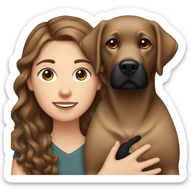 White girl with wavy brown hair holding a black Labrador sticker