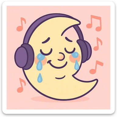 a crescent moon enjoying music, happy tears, with a gentle smile, soft pastel colors, delicate and soothing sticker