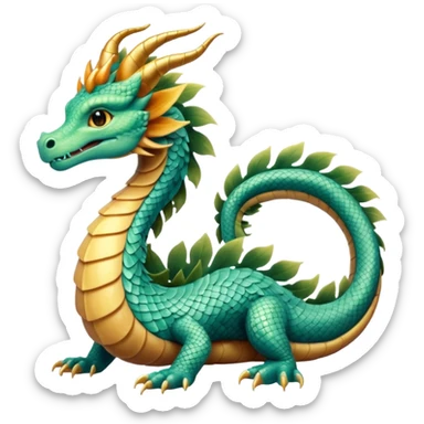  serpent dragon. Slim, serpentine body with smooth scales in soft blues and greens. Fluffy leaf plumes replace the tail fins, and a terracotta crown-like crest adorns its head. Gentle amber eyes. sticker