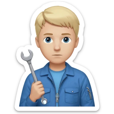 Calm and independent male technician, fair skin, short blonde hair, cool light-blue eyes, serious but composed expression, wearing a blue work jacket over a grey t-shirt, holding a wrench in one hand and a mechanical gear in the other, waist-up, front-facing sticker
