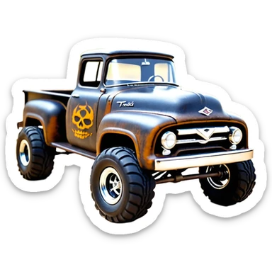 1:10 off-road lcg smoking rusting Arrma Traxxas Basher style Wednesday Adam’s 1954 blackened tarnished hotrod rat rod streamlined anime Ford zombie extended cab rc bulging pickup (extra wide low-profile pin tires chrome wheels with fenders) sticker