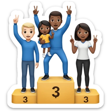 three casually dressed people on a winners podium with the center step higher, black and white, no numbers, center person holding up one finger on each hand, cheerful expressive emoji style sticker