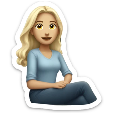 "A young woman with light blonde hair sits on a cozy sofa in a softly lit room by a large window showing a clear blue sky. sticker