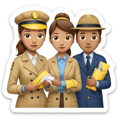 A cleaning Lady with Brown hair, high ponytail and yellow cleaning gloths is Talking to a Detektive (a man) with beige hat, a beige coat and he is interviewing the cleaning Lady sticker