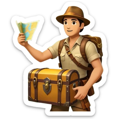 Icon for Adventure Movie: A vibrant, cinematic poster-style design featuring an action-packed scene. Include an adventurer with a map, a treasure chest, a jungle background, a towering mountain, and ancient ruins. Bright colors, bold typography, and an exciting atmosphere. Transparent background. sticker