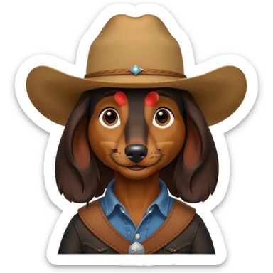 mostly black with some brown long hair daschund with a cowboy hat sticker