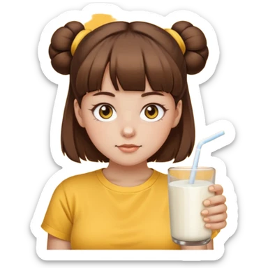 beautiful girl with brown hair with twin buns style, straight bangs, yellow eyes, milk brown tshirt, white skin, her body is a little fat  sticker