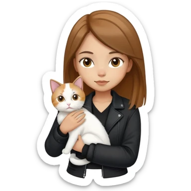 Light-skinned girl with brown straight hair wearing a black jacket, holding one completely white cat and one calico cat sticker