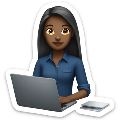 Girl IN DARK BLU SHIRT working with a laptop, NO PONY TAIL, STRAIGHT HAIR sticker