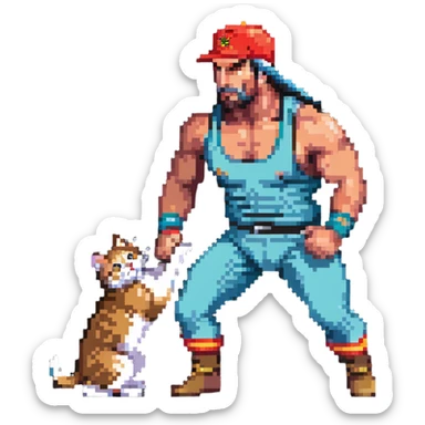 Razor Ramon wrestler from WWF defeating a cat wearing a cap sticker