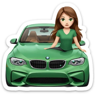 Beautiful Caucasian girl realistic with green eyes and long brown hair straddling splits on the hood of BMW M2 car sticker