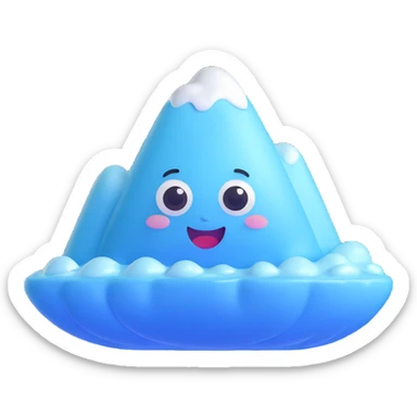 Apple Memoji style: cute 3D iceberg emoji, glossy icy texture, white and pale blue, rounded edges, shiny highlights, big cartoon eyes, small smiling mouth, floating in calm ocean, Pixar-level rendering, soft lighting, minimal design sticker