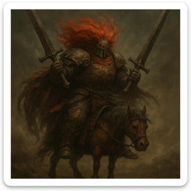 Starscourge Radahn, massive armored warrior with red hair, dual-wielding greatswords, riding a tiny horse, fantasy video game boss, dramatic pose, detailed armor, epic atmosphere sticker